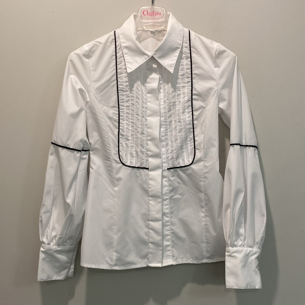 White Long Sleeve Blouse with Black Trim Size Small, Classic Chic Style - Picture 9 of 14